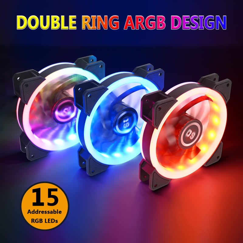 DS leddess DS 120MM Ring RGB Case Fans with Controller for PC Cases, Computer Case ATX Full Tower, Middle Tower (LED Fans 3PACK Kit, 2PACK LED Strip, 1st GEN Hub Box, A Series) - Image 2